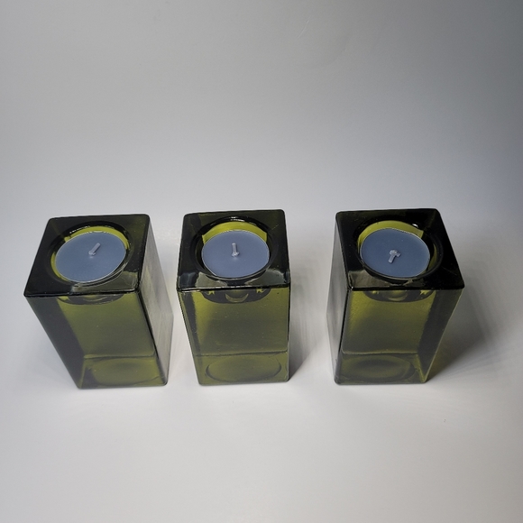 Set 3 block green glass candle holders midcentury - Picture 9 of 9